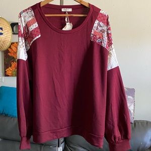 GrannyCore Maroon Sweatshirt Paisley And Embroidered Sleeve Plus Size XXXL